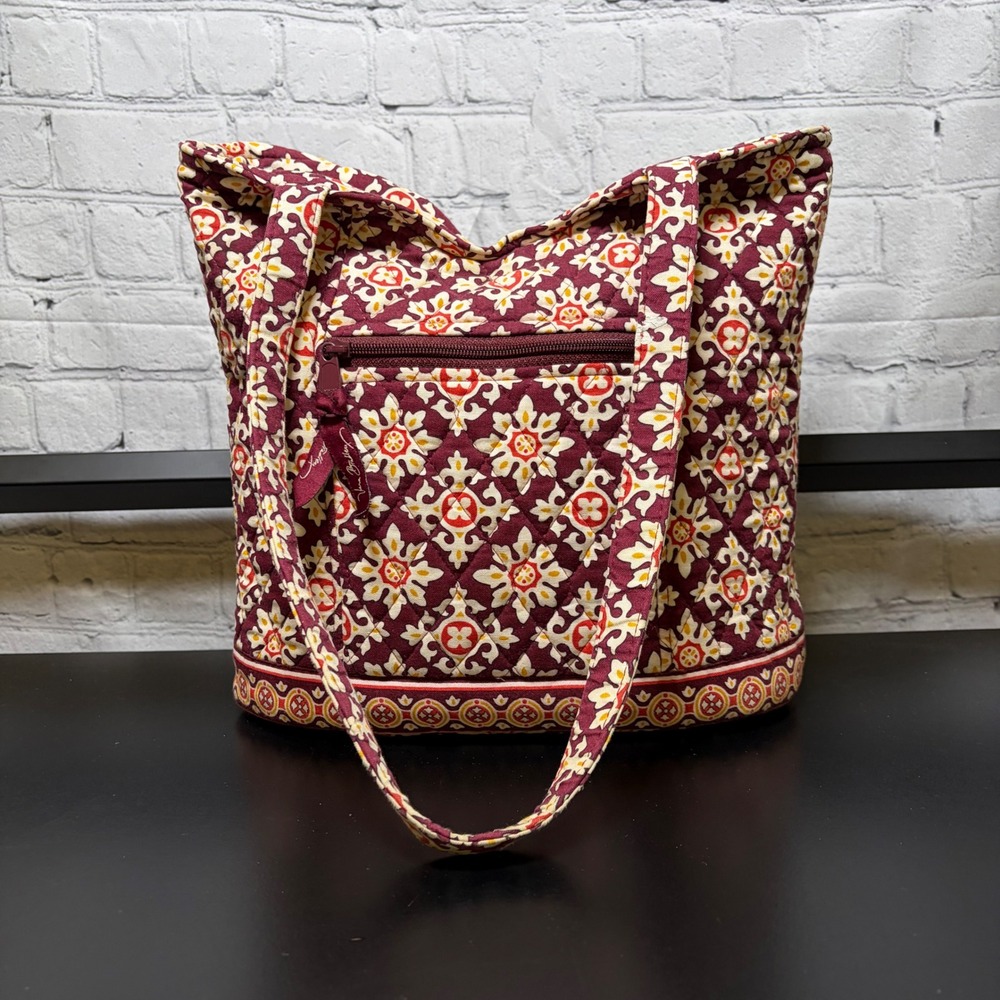 Vera Bradley Canyon Quilted Cotton Tote Bag Burgundy Floral Shoulder Bag